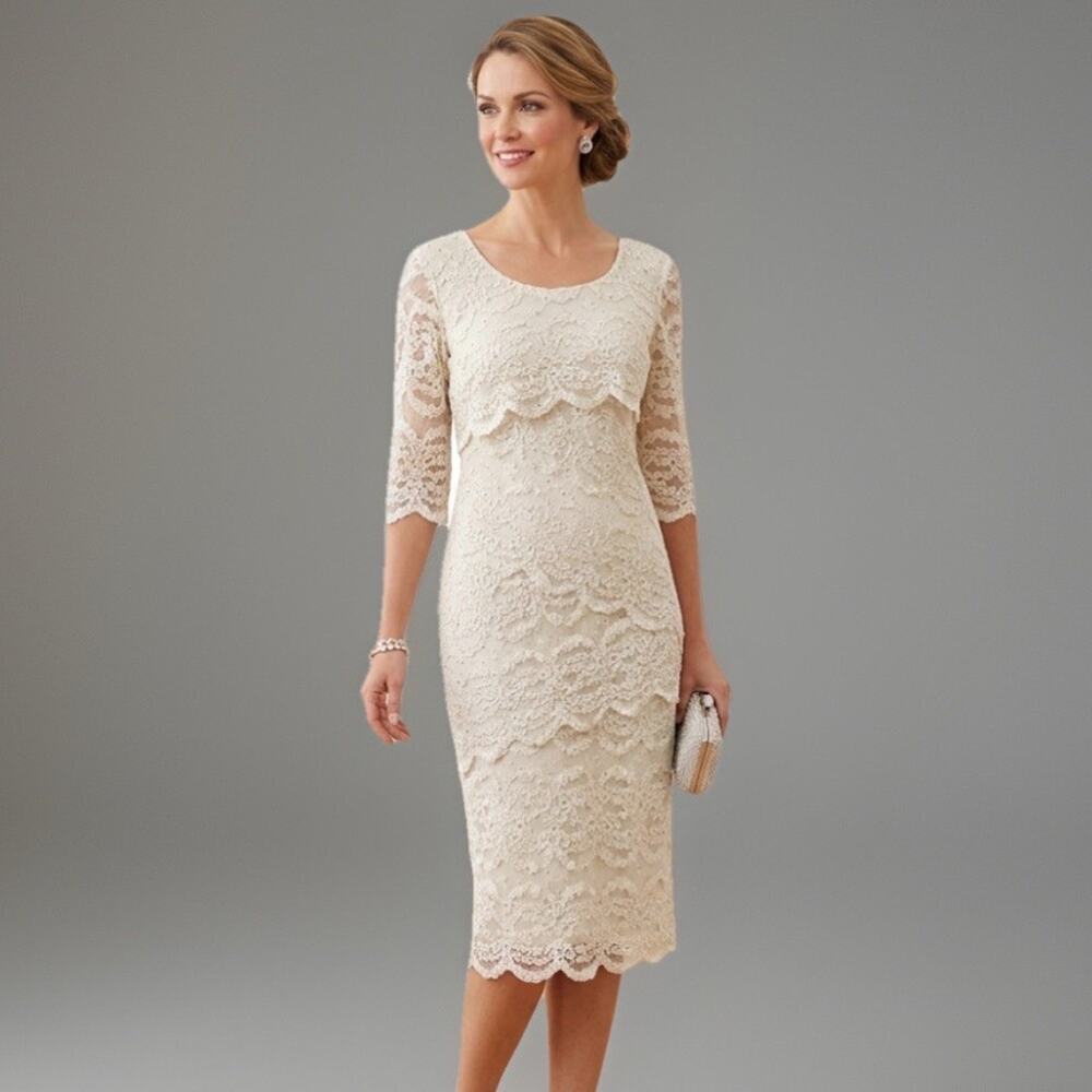 R&M Richards Champagne Lace Sequin Dress Size 8 Wedding Guest Cocktail Formal